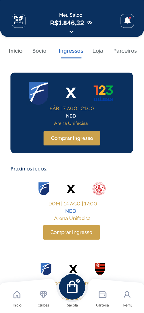 Basquete Unifacisa - Seção de ingressos do aplicativo Basquete Unifacisa mostrando jogos futuros e botões de compra