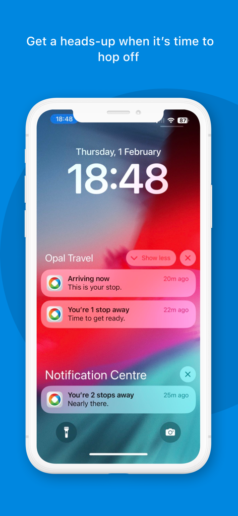 Opal Travel - iPhone lock screen showing real-time hop off alerts and stop notifications from the Opal Travel app.