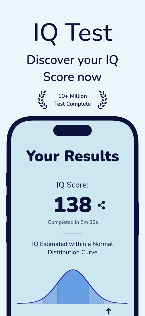 IQ Test - Aptitude Test - IQ Test app results screen displaying a score of 138 and a normal distribution bell curve.