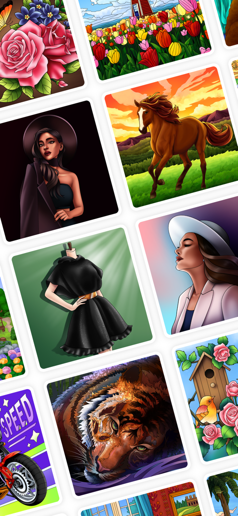 Coloring Book - ColorGuru - Collage d'illustrations colorées vibrantes, y compris des animaux, des fleurs et des portraits de l'application ColorGuru