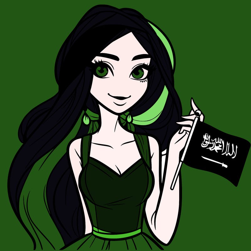 a very beautiful girl with the great saudi arabia flag in her hand