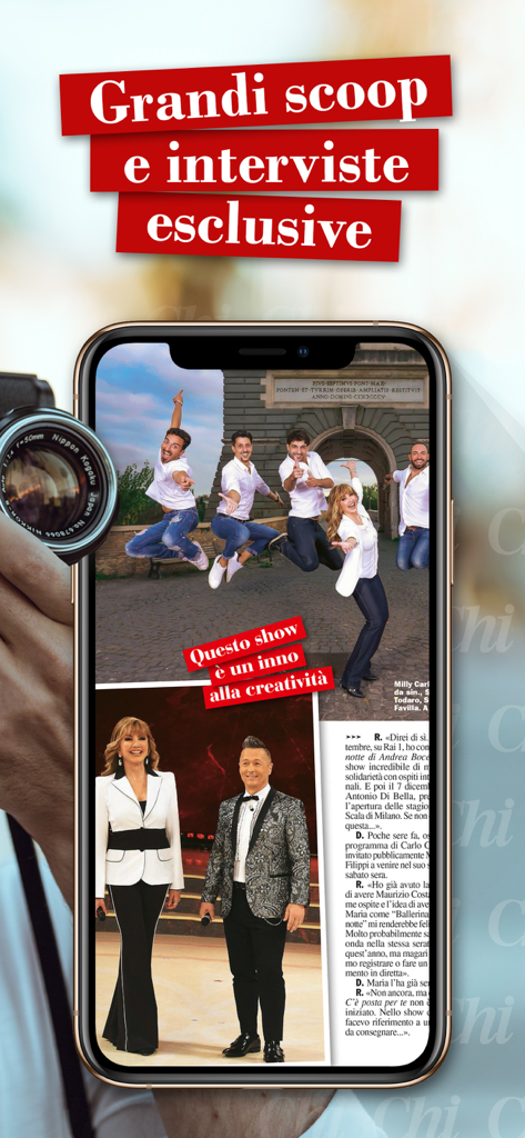 Chi - Smartphone affichant l'application du magazine Chi avec des photos de célébrités et des interviews exclusives.