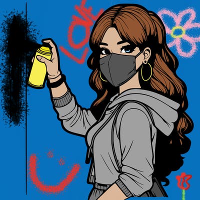 realistic girl with mask spray painting a wall