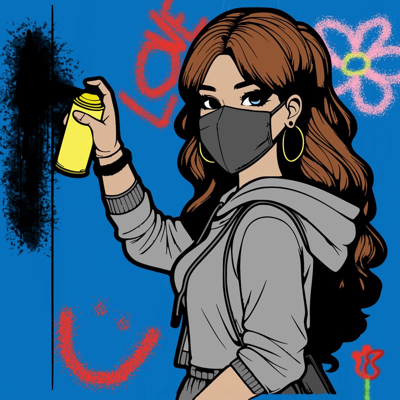 realistic girl with mask spray painting a wall