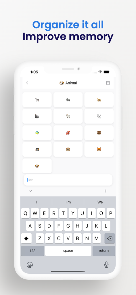 Interfaz de la aplicación Memo Block mostrando una cuadrícula de emojis de animales para la organización de la memoria
