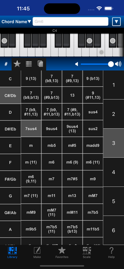 Piano Kit - Piano Chords - Piano Kit app interface showing a comprehensive grid of piano chords and a virtual keyboard display