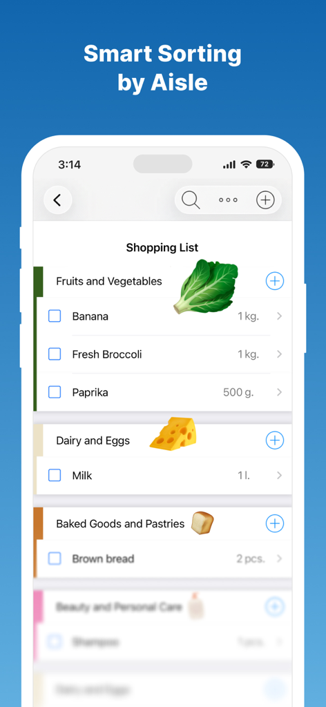 Shopping Share - Grocery list - Mobile app screenshot showing a grocery list organized by store aisles like fruits and dairy