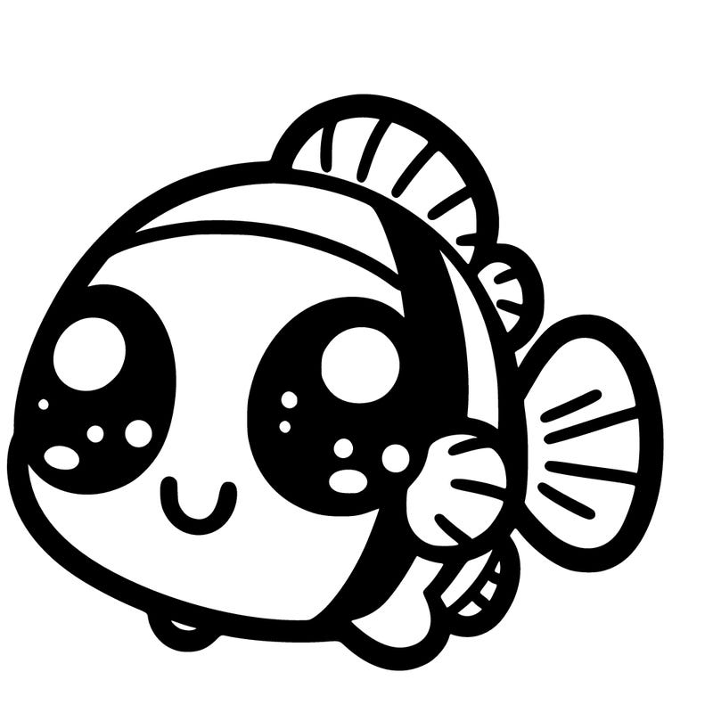 kawaii style clownfish, black outline, no color background all in the frame