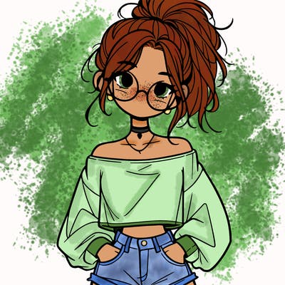 girl with a messy ponytail glasses a baggy crop top and jean shorts