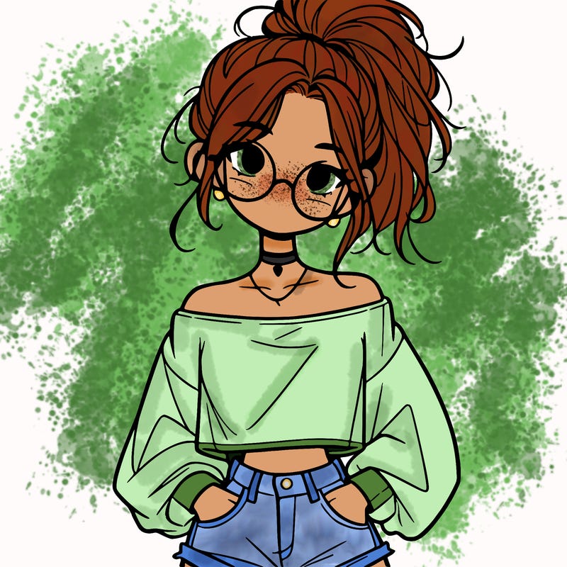 girl with a messy ponytail glasses a baggy crop top and jean shorts