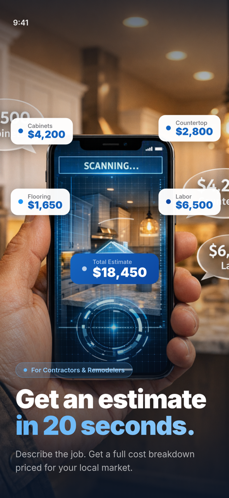 Cost Estimator - Construction+ - Smartphone scanning a kitchen to generate an AI construction estimate.