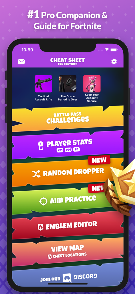 Home screen of the Cheat Sheet Guide for Fortnite app showcasing battle pass challenges and player stats