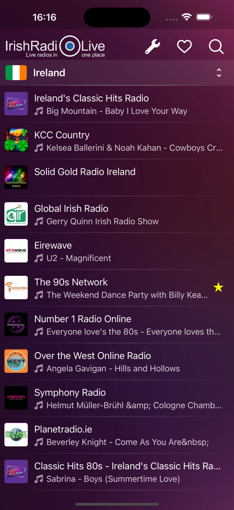 Irish Radio Live - Ireland - Mobile app interface displaying a list of Irish radio stations with currently playing songs