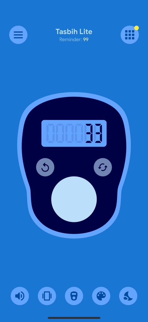 A digital tasbeeh counter interface with a blue theme showing the dhikr count at 33.