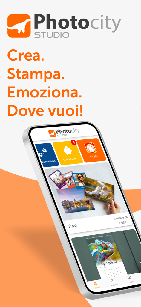 Photocity Studio - Stampa foto - Smartphone che visualizza la homepage dell'app Photocity Studio con opzioni di stampa foto e regali.
