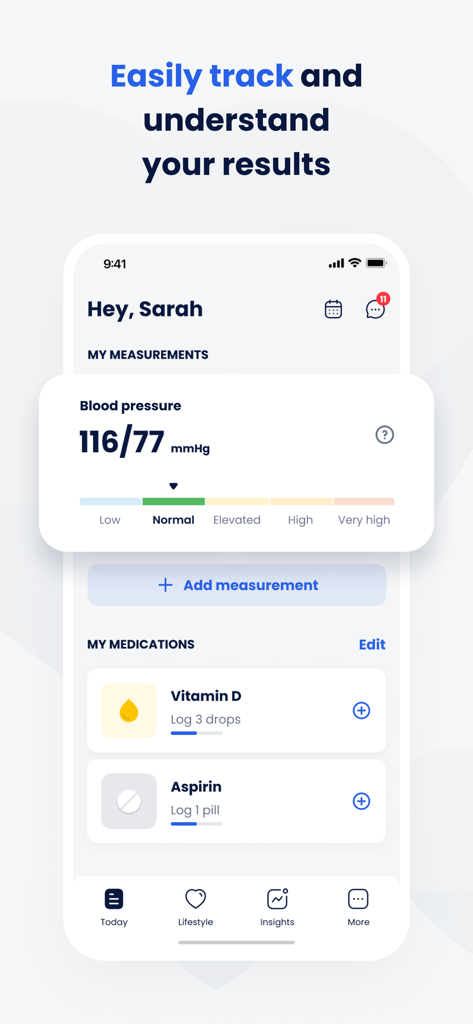 Cardi Health: Heart Health App - Cardi Health app dashboard showing blood pressure measurement and medication log.
