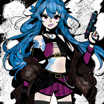 bad girl wearing crop top holding a gun long hair anime