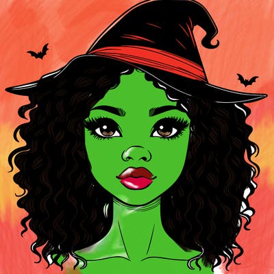 realistic black girl with wavy hair and witch hat and nose and lips