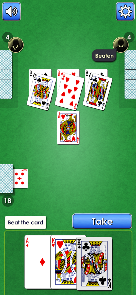 Durak: Classic & Transferable - Écran de jeu du jeu de cartes Durak avec des cartes jouées sur une table verte et des boutons d'action du joueur.