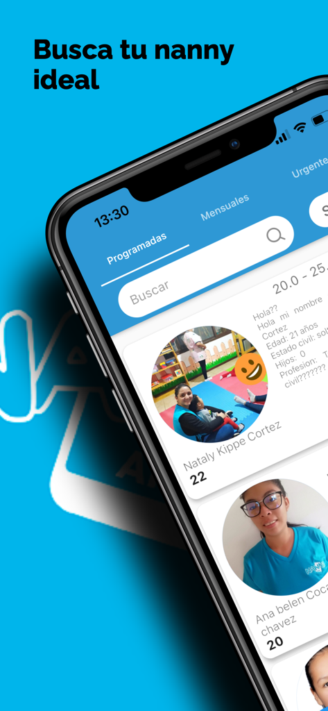 Nanny's app - Pantalla de iPhone que muestra perfiles de niñeras profesionales y filtros de búsqueda en la interfaz de la App Nanny