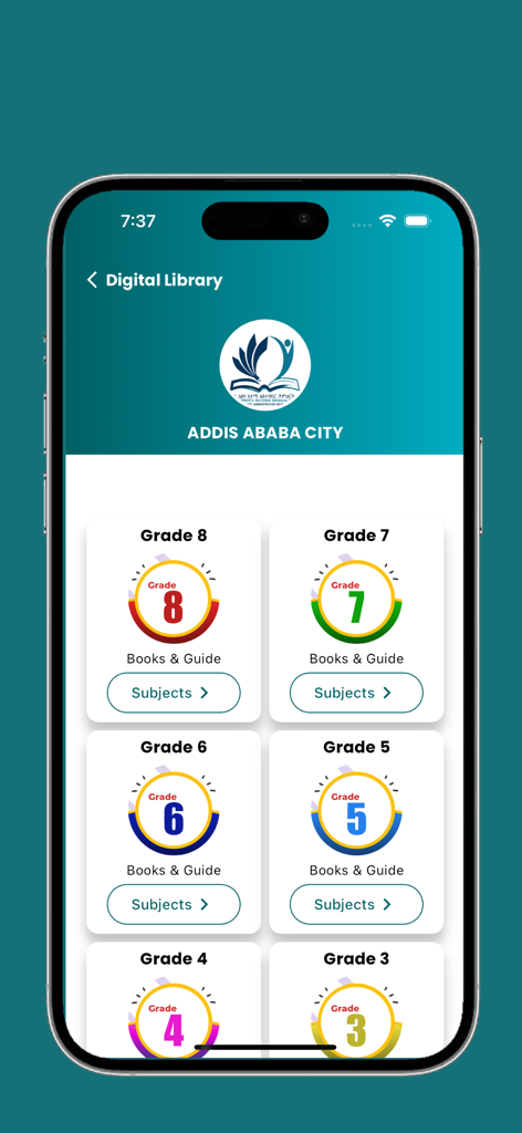 Ethio Digital Library - A mobile app screen for the Ethio Digital Library displaying educational grade levels from Grade 3 to Grade 8 for the Addis Ababa City curriculum.