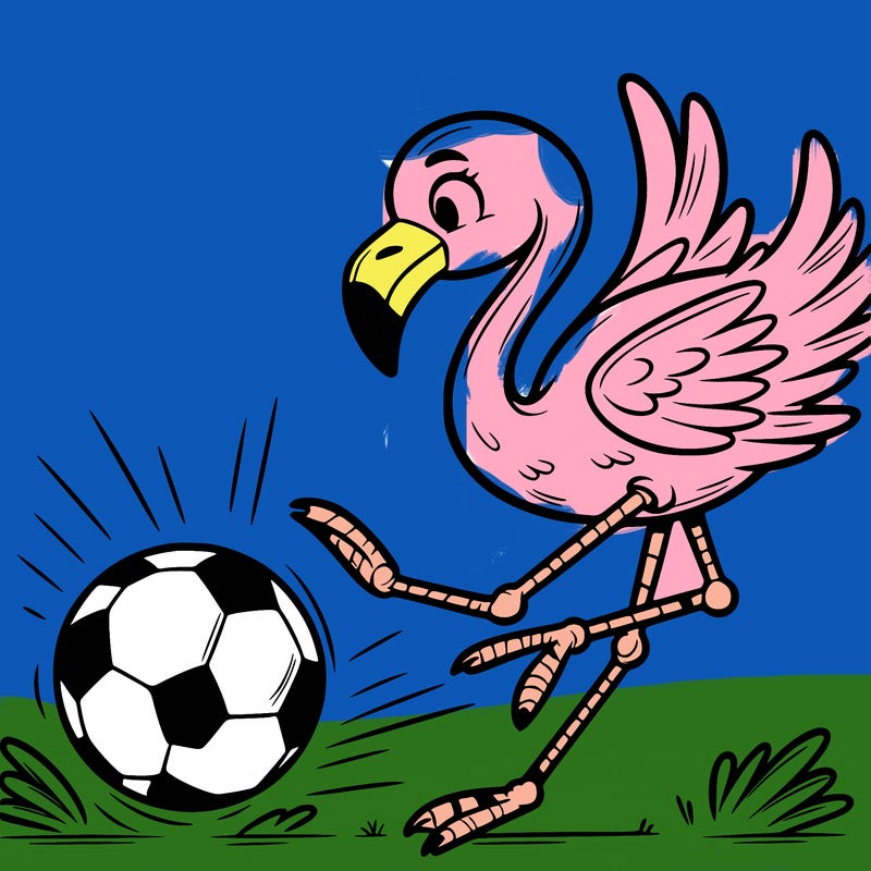 flamingo playing soccer scoreing