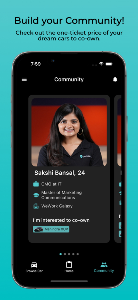 Prorata: Co-Own Your Dream Car - Community screen of the Prorata app showing a user profile interested in fractional car ownership.