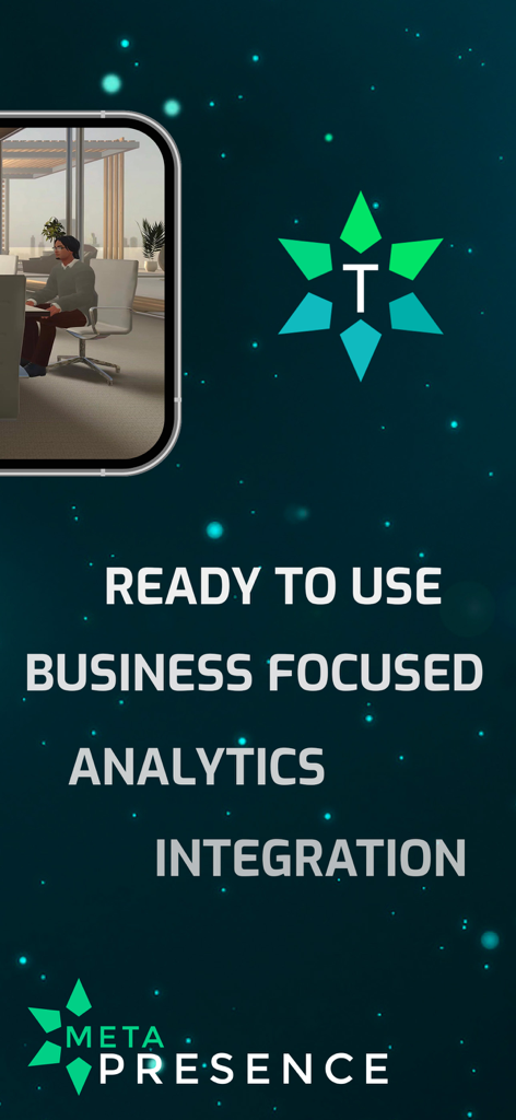 Meta Presence - Meta Presence business metaverse platform showing features like analytics and integration in a virtual office environment