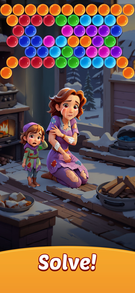 Bubbles Shooter - Bubbles Shooter game screen showing colorful bubbles above a sad mother and child in a winter setting with a Solve button