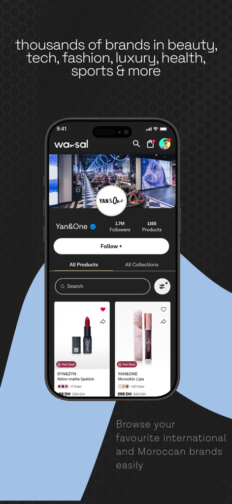 WASAL social shopping app brand page for Yan and One displaying cosmetics