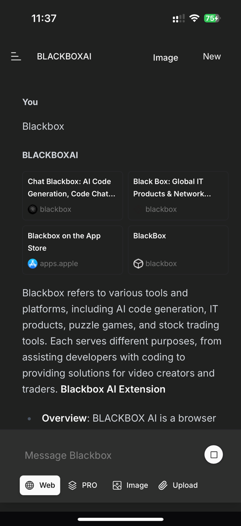 BlackboxAI 모바일 앱의 스크린샷으로, AI 코드 생성 및 IT 도구에 대한 검색 결과가 있는 채팅 인터페이스를 보여줍니다.