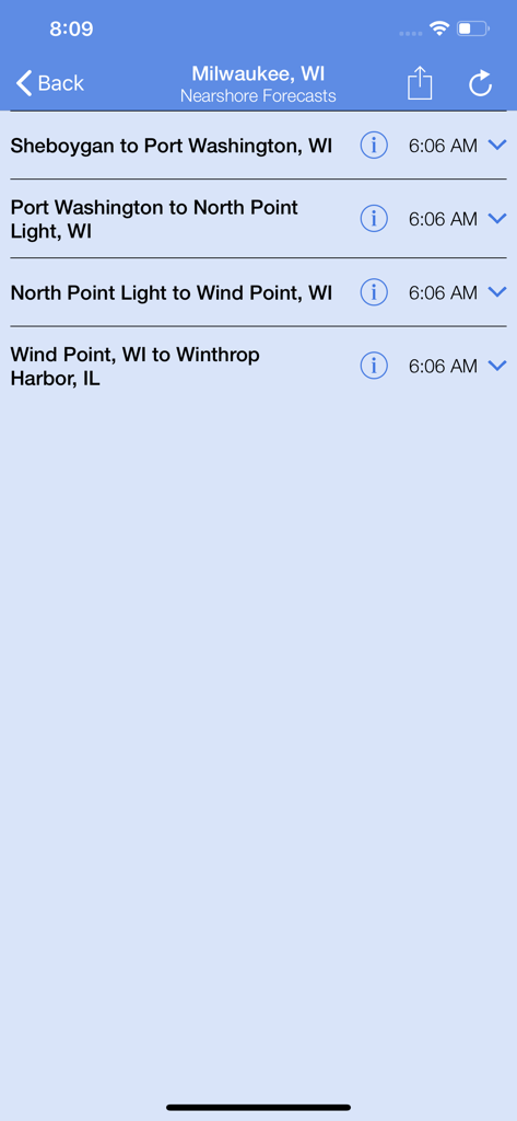Nearshore app interface displaying marine weather zones for Milwaukee, Wisconsin.
