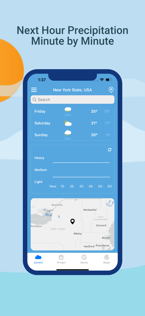 뉴욕주 지역의 분별 강수 예측과 지도 정보를 표시하는 Dark Sky Tech 날씨 앱 인터페이스