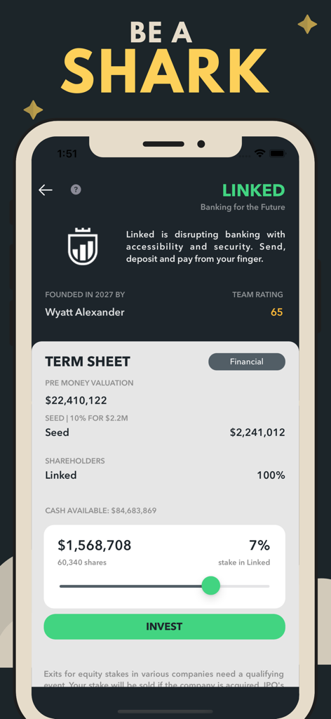 A venture capital term sheet screen in the Trading Game simulator showing a startup investment option.