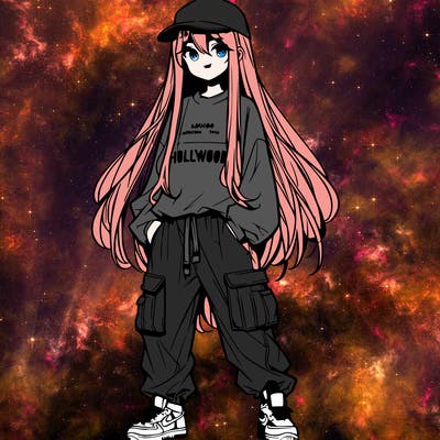 one anime girl with long straight hair wearing baggy cargo pants and an oversized shirt that says hollywood on it. she also wears a cap.
