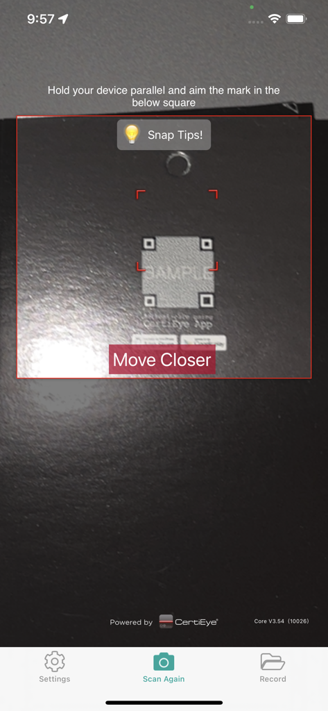CertiEye app camera interface scanning a product authentication mark with on screen instructions