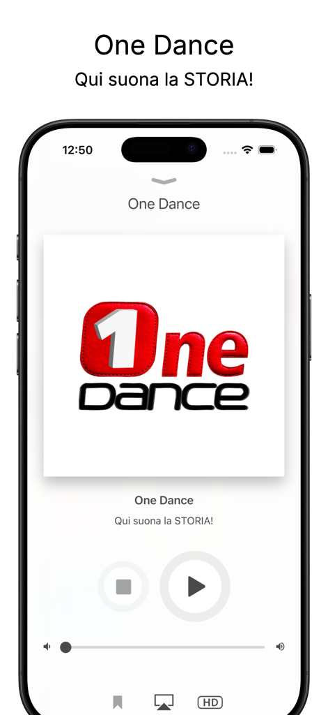 Radio One Dance - Radio One Dance app player screen with play and stop controls