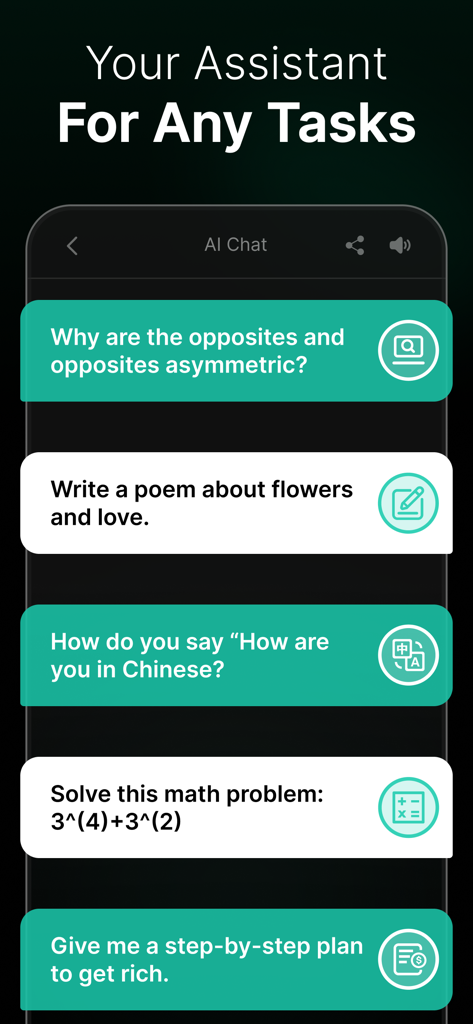A mobile screen showing the Chat AI app with various task examples like writing poems, translating languages, and solving math problems.