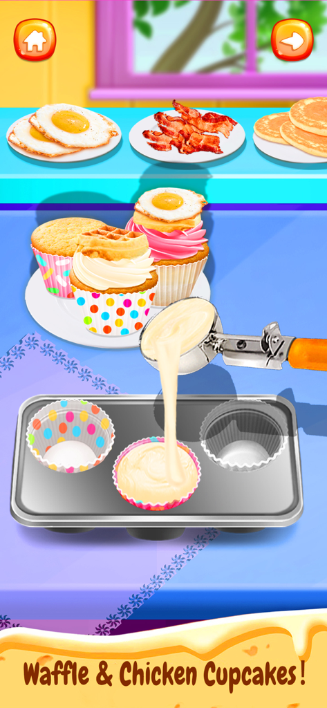 A digital cooking game showing batter being scooped into a cupcake tin for waffle and chicken cupcakes.