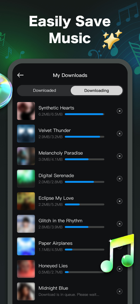 Una interfaz móvil para Music X que muestra una lista de canciones que se están descargando para escuchar sin conexión con barras de progreso.