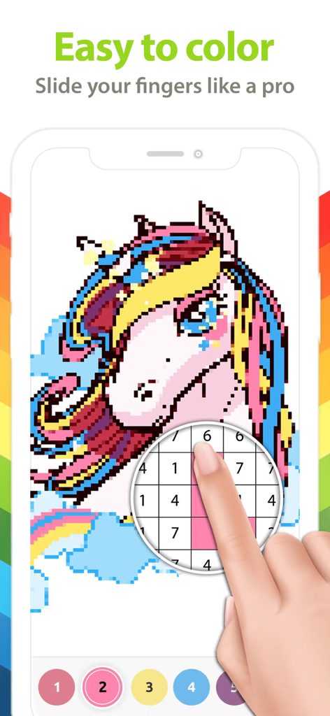 Unicorn Color by Number + - A hand coloring a pixel art unicorn by number on a mobile app screen