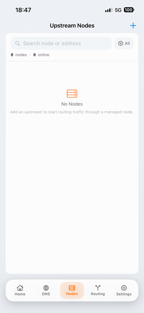 Tela de gerenciamento de nós upstream do aplicativo Orange Network