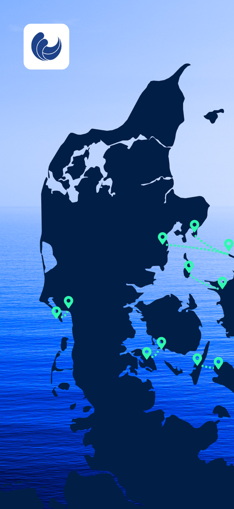 Map of Denmark showing various ferry routes and port locations with green pins.