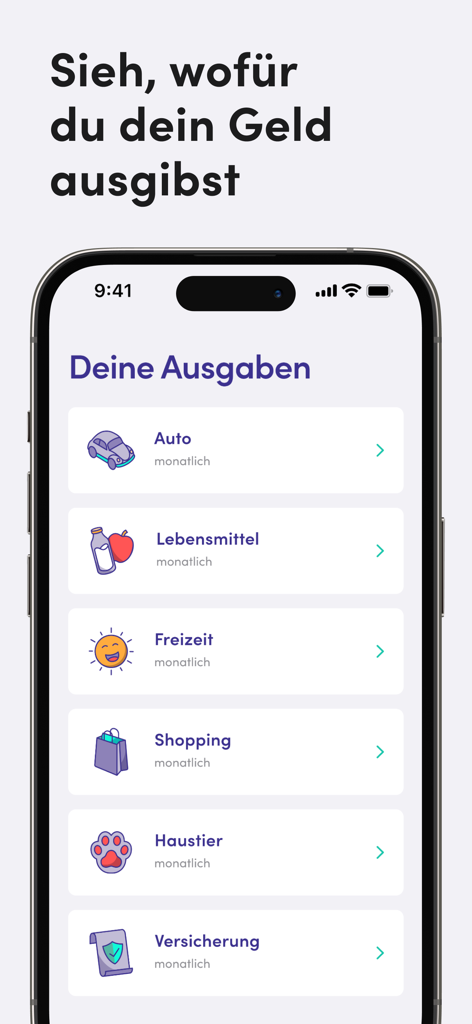 Screenshot mobile dell'app Finanzguru che elenca le spese mensili per categoria come auto, generi alimentari e shopping.