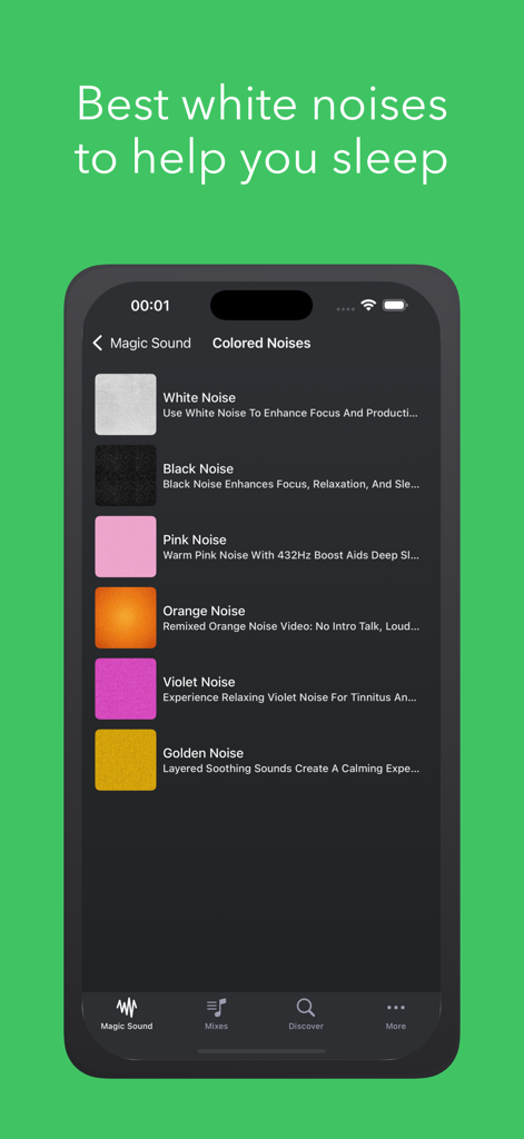 The Magic Sound Pro app interface displaying various colored noise options like white and pink noise for sleep.