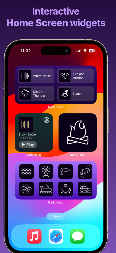 Interactive home screen widgets for Dark Noise ambient sound app on iPhone