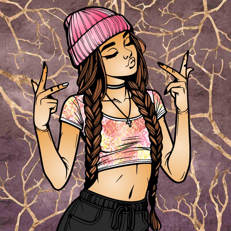 realistic teenage girl with braids and a beanie and crop top doing 🫶🏼