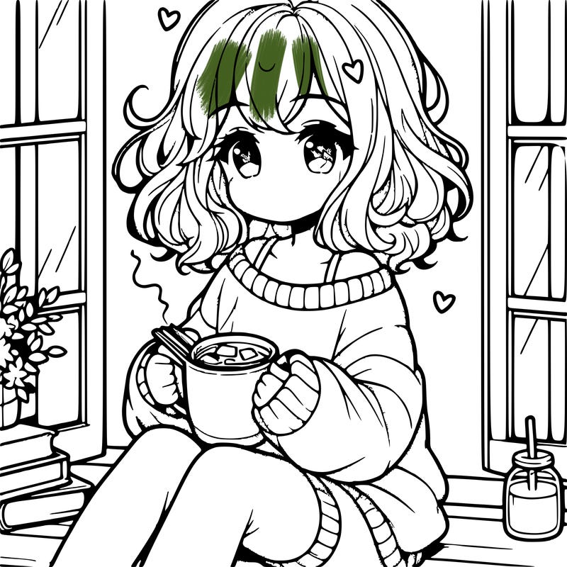 cute anime girl reading book and drinking hot chocolate from mug with loose wavy hair wearing a baggy sweatshirt and shorts sitting by windowsill looking out