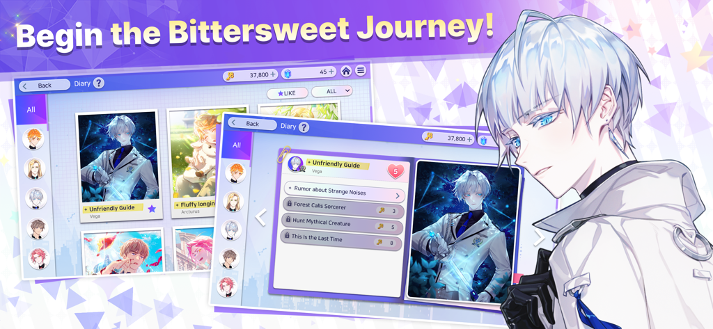 Arcana Twilight : Anime game - Arcana Twilight game interface showing character cards and a white haired anime boy