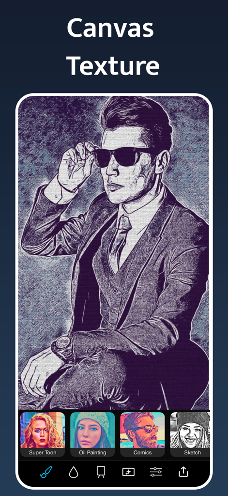 Un hombre de traje con un filtro de boceto azul y textura de lienzo aplicada en la aplicación Instant Toon.